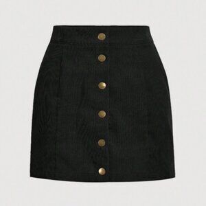 💚 Black Corduroy Mini Skirt with Gold Button Front